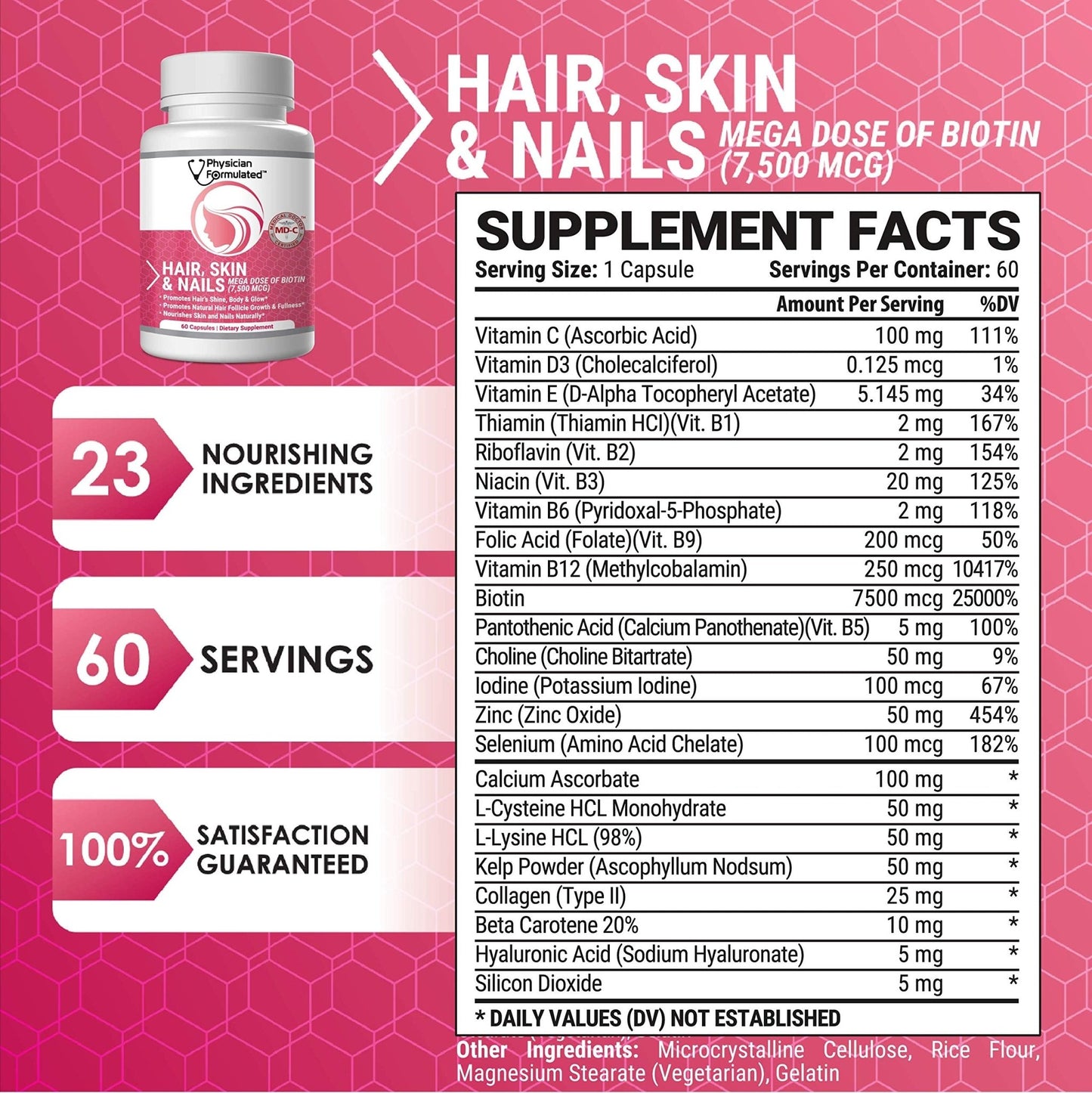 Physician Formulated Healthy Hair Skin and Nails Vitamins for Men and Women - 7500 mcg Biotin, Amino Acids, Collagen and Hyaluronic Acid - 60 Capsules - dailyvitalstore