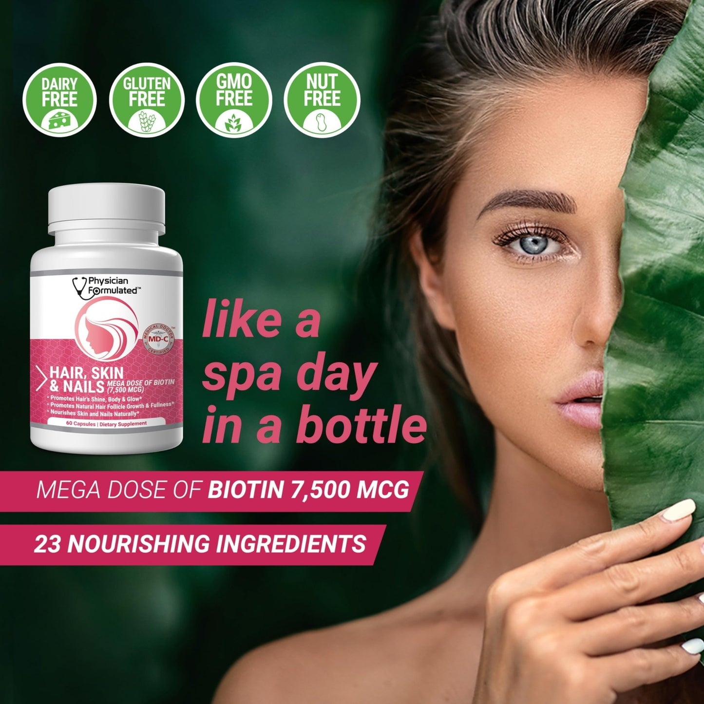 Physician Formulated Healthy Hair Skin and Nails Vitamins for Men and Women - 7500 mcg Biotin, Amino Acids, Collagen and Hyaluronic Acid - 60 Capsules - dailyvitalstore