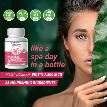 Physician Formulated Healthy Hair Skin and Nails Vitamins for Men and Women - 7500 mcg Biotin, Amino Acids, Collagen and Hyaluronic Acid - 60 Capsules - dailyvitalstore