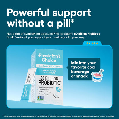 Physician’s Choice 60 Billion CFU Probiotic Stick Packs - 10 Strains + Prebiotics - Immune, Digestive & Gut Health - Supports Occasional Constipation, Diarrhea, Gas & Bloating - for Women & Men - 24CT - dailyvitalstore