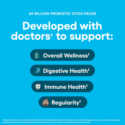 Physician’s Choice 60 Billion CFU Probiotic Stick Packs - 10 Strains + Prebiotics - Immune, Digestive & Gut Health - Supports Occasional Constipation, Diarrhea, Gas & Bloating - for Women & Men - 24CT - dailyvitalstore