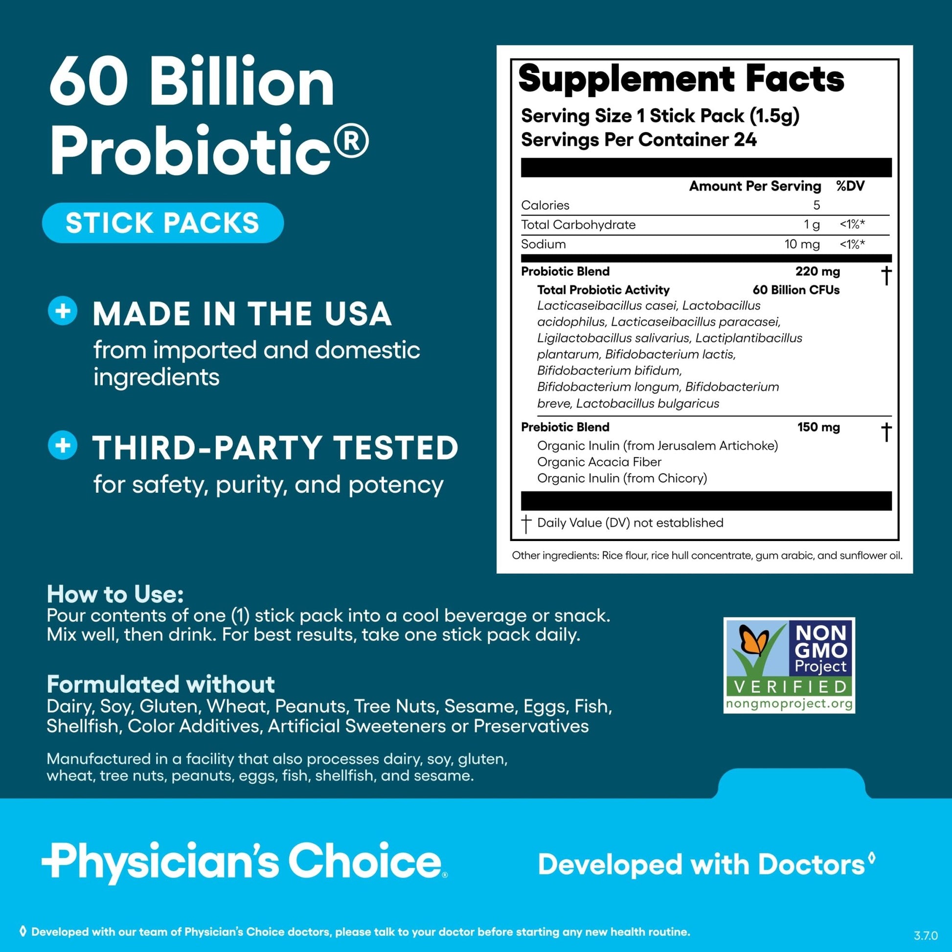 Physician’s Choice 60 Billion CFU Probiotic Stick Packs - 10 Strains + Prebiotics - Immune, Digestive & Gut Health - Supports Occasional Constipation, Diarrhea, Gas & Bloating - for Women & Men - 24CT - dailyvitalstore