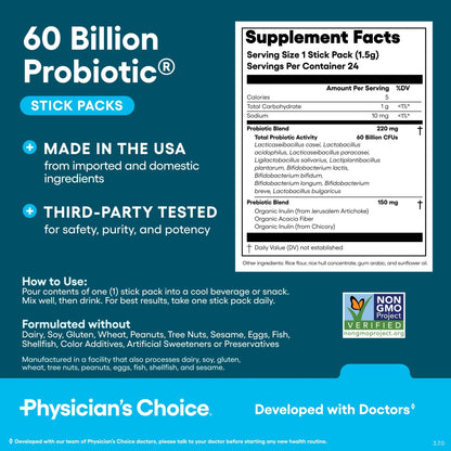 Physician’s Choice 60 Billion CFU Probiotic Stick Packs - 10 Strains + Prebiotics - Immune, Digestive & Gut Health - Supports Occasional Constipation, Diarrhea, Gas & Bloating - for Women & Men - 24CT - dailyvitalstore