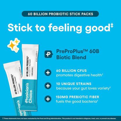 Physician’s Choice 60 Billion CFU Probiotic Stick Packs - 10 Strains + Prebiotics - Immune, Digestive & Gut Health - Supports Occasional Constipation, Diarrhea, Gas & Bloating - for Women & Men - 24CT - dailyvitalstore