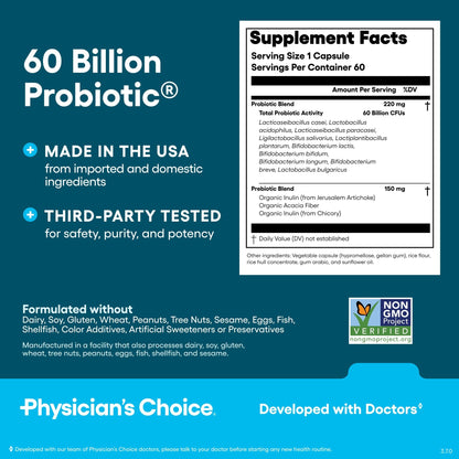 Physician's CHOICE Probiotics 60 Billion CFU - 10 Strains + Organic Prebiotics - Immune, Digestive & Gut Health - Supports Occasional Constipation, Diarrhea, Gas & Bloating - dailyvitalstore