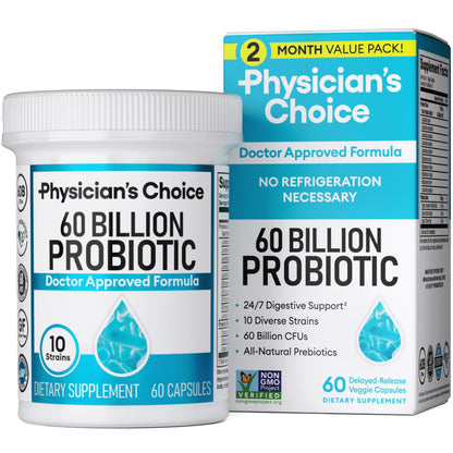 Physician's CHOICE Probiotics 60 Billion CFU - 10 Strains + Organic Prebiotics - Immune, Digestive & Gut Health - Supports Occasional Constipation, Diarrhea, Gas & Bloating - dailyvitalstore