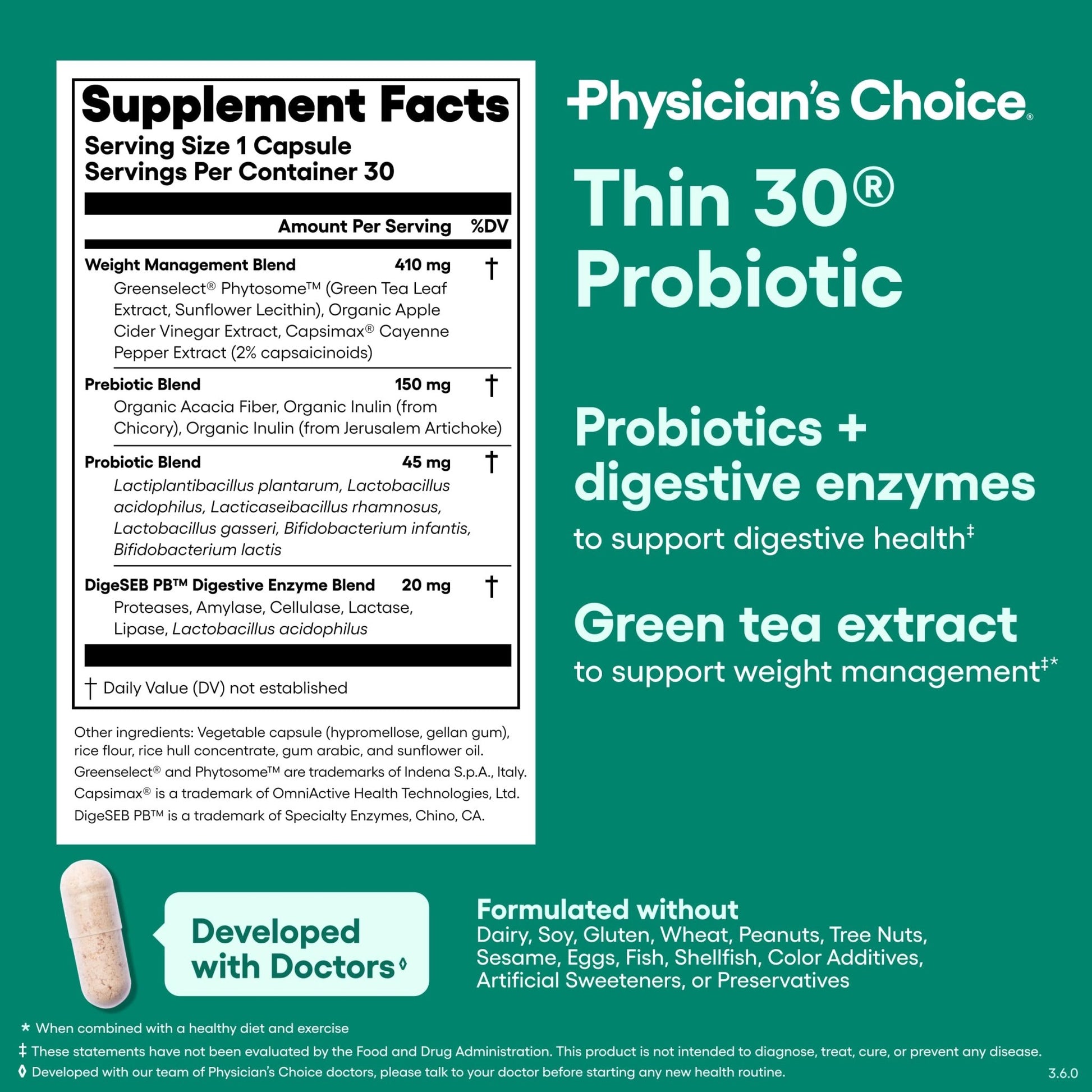 Physician's CHOICE Probiotics for Weight Management & Bloating - 6 Probiotic Strains - Prebiotics - Key ingredient Cayenne - Supports Gut Health - Weight Management for Women & Men - Green Tea - 30 CT - dailyvitalstore