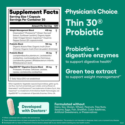 Physician's CHOICE Probiotics for Weight Management & Bloating - 6 Probiotic Strains - Prebiotics - Key ingredient Cayenne - Supports Gut Health - Weight Management for Women & Men - Green Tea - 30 CT - dailyvitalstore