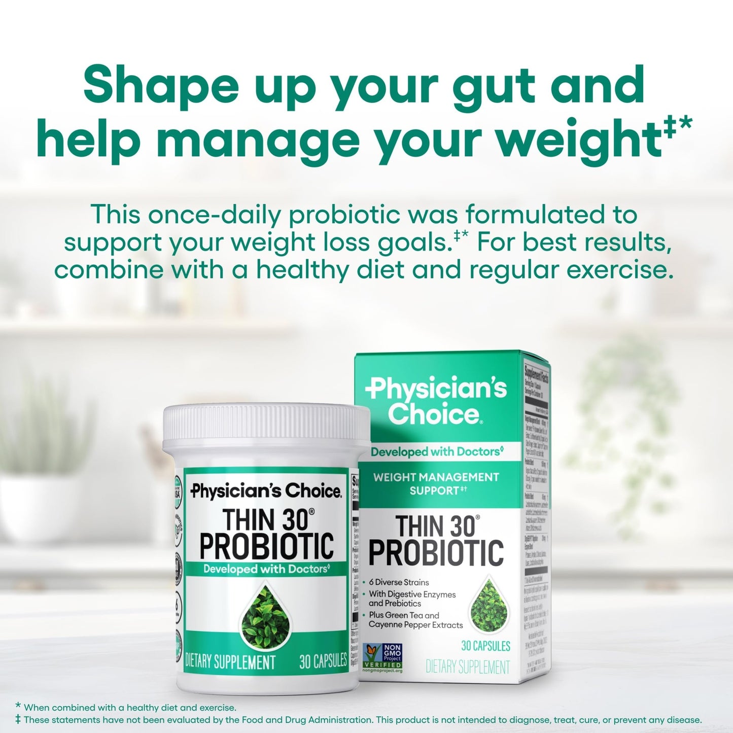 Physician's CHOICE Probiotics for Weight Management & Bloating - 6 Probiotic Strains - Prebiotics - Key ingredient Cayenne - Supports Gut Health - Weight Management for Women & Men - Green Tea - 30 CT - dailyvitalstore