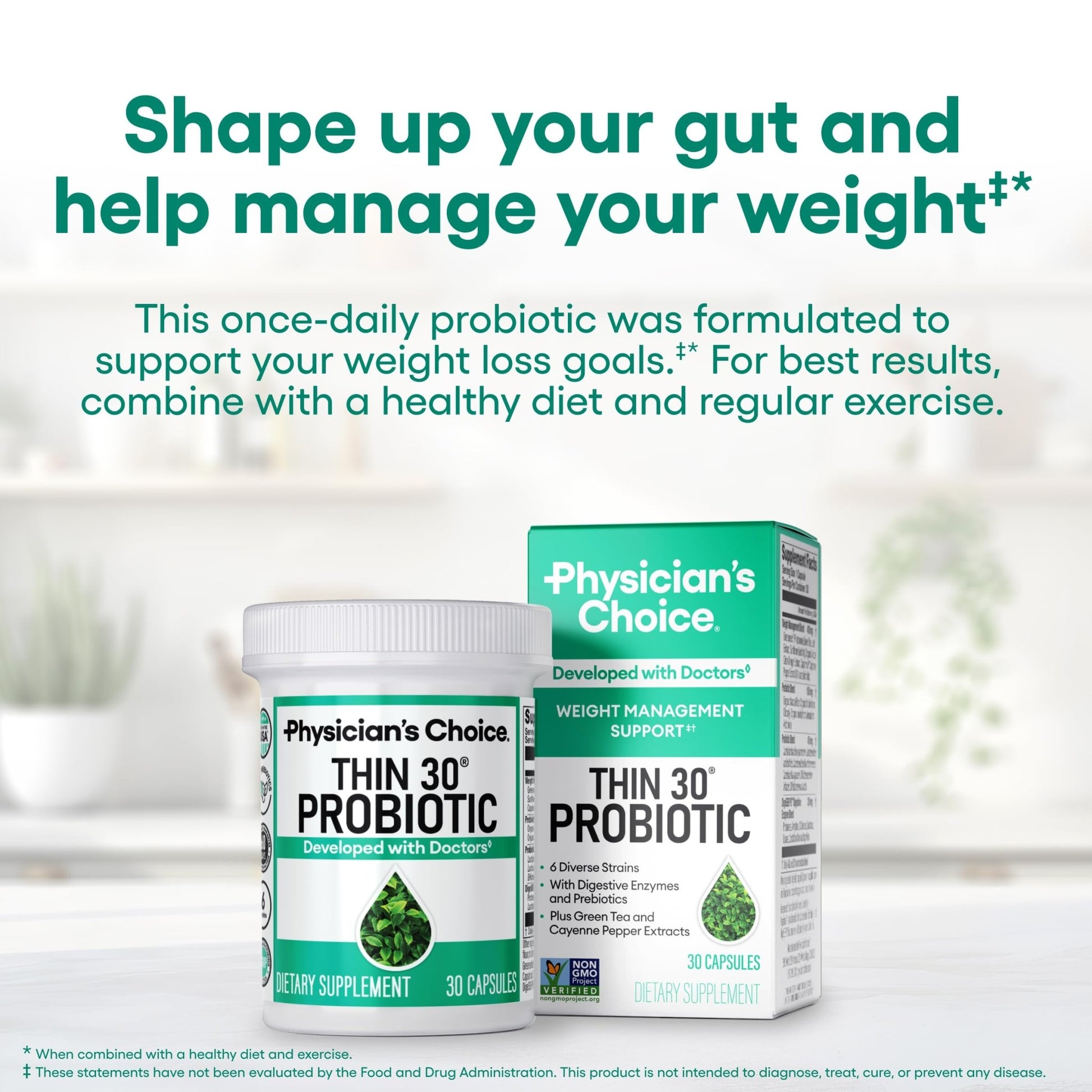 Physician's CHOICE Probiotics for Weight Management & Bloating - 6 Probiotic Strains - Prebiotics - Key ingredient Cayenne - Supports Gut Health - Weight Management for Women & Men - Green Tea - 30 CT - dailyvitalstore