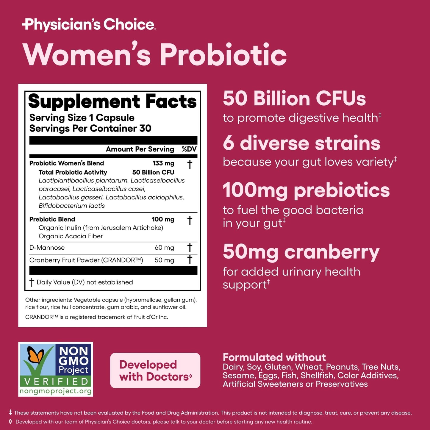 Physician's CHOICE Probiotics for Women - PH Balance, Digestive, UT, & Feminine Health - 50 Billion CFU - 6 Unique Strains for Her - Organic Prebiotics, Cranberry Extract+ - Women Probiotic - 30 CT - dailyvitalstore