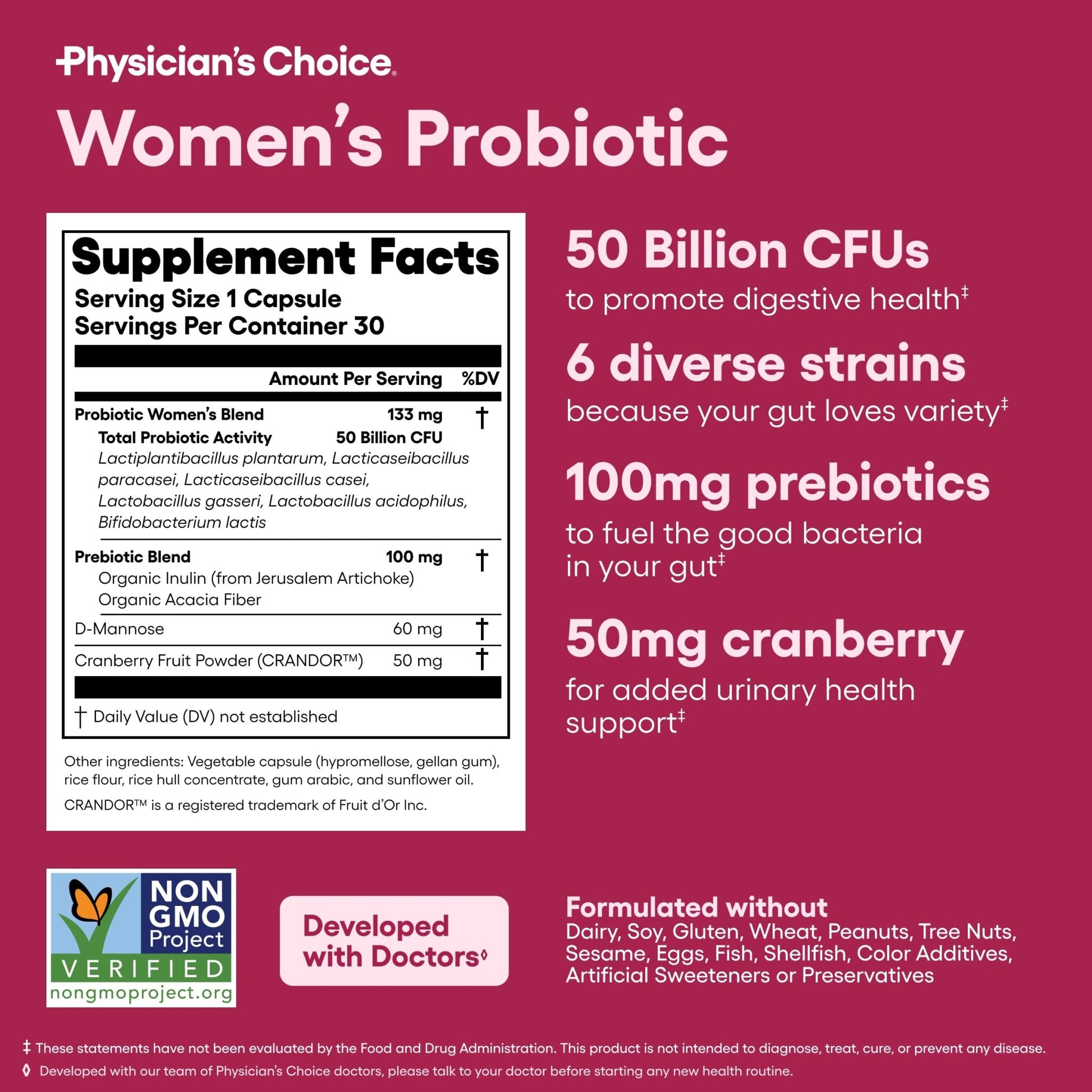 Physician's CHOICE Probiotics for Women - PH Balance, Digestive, UT, & Feminine Health - 50 Billion CFU - 6 Unique Strains for Her - Organic Prebiotics, Cranberry Extract+ - Women Probiotic - 30 CT - dailyvitalstore
