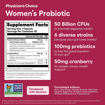 Physician's CHOICE Probiotics for Women - PH Balance, Digestive, UT, & Feminine Health - 50 Billion CFU - 6 Unique Strains for Her - Organic Prebiotics, Cranberry Extract+ - Women Probiotic - 30 CT - dailyvitalstore