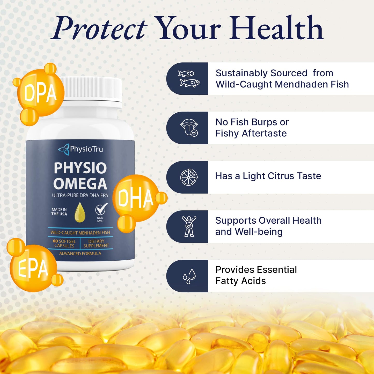 Physio Omega 2400mg Fish Oil with Omega 3 Fatty Acid Supplement - Vascular & Cognitive Supplements for Adults - Non-GMO, Burpless, Light Citrus Flavor - dailyvitalstore