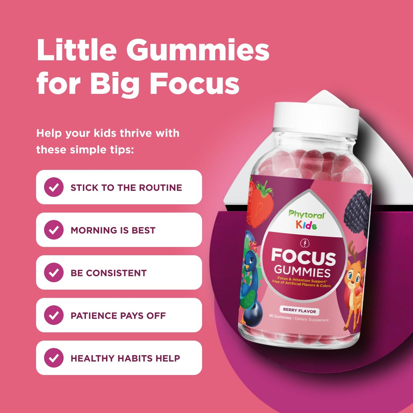 Phytoral Vegan Kids Focus Gummies - Potent Chewable Brain Support for Children - Enhances Concentration & Memory - Calming Supplements & Focus Gummies for Kids - Non-GMO & Gluten-Free - 60 Count - dailyvitalstore