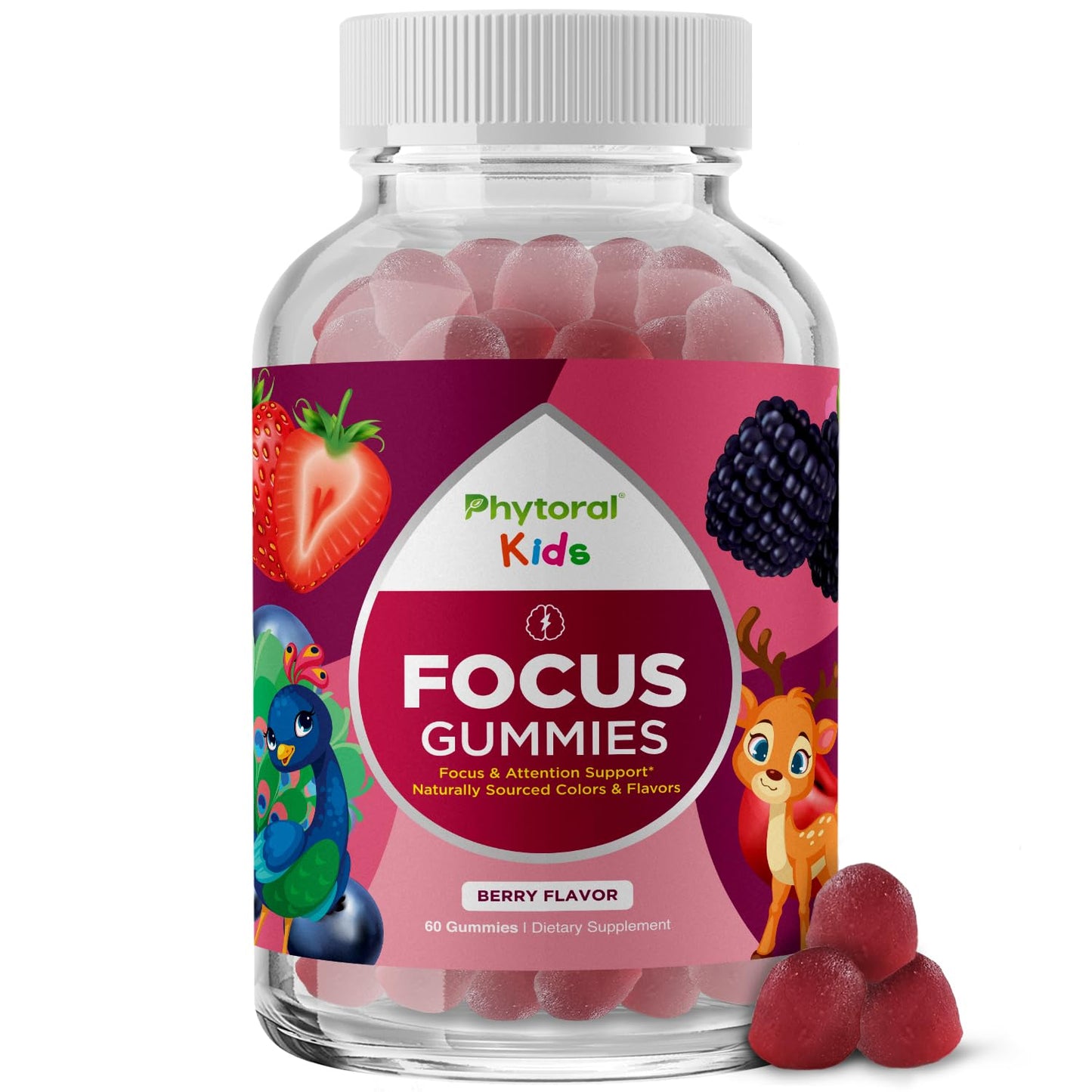 Phytoral Vegan Kids Focus Gummies - Potent Chewable Brain Support for Children - Enhances Concentration & Memory - Calming Supplements & Focus Gummies for Kids - Non-GMO & Gluten-Free - 60 Count - dailyvitalstore