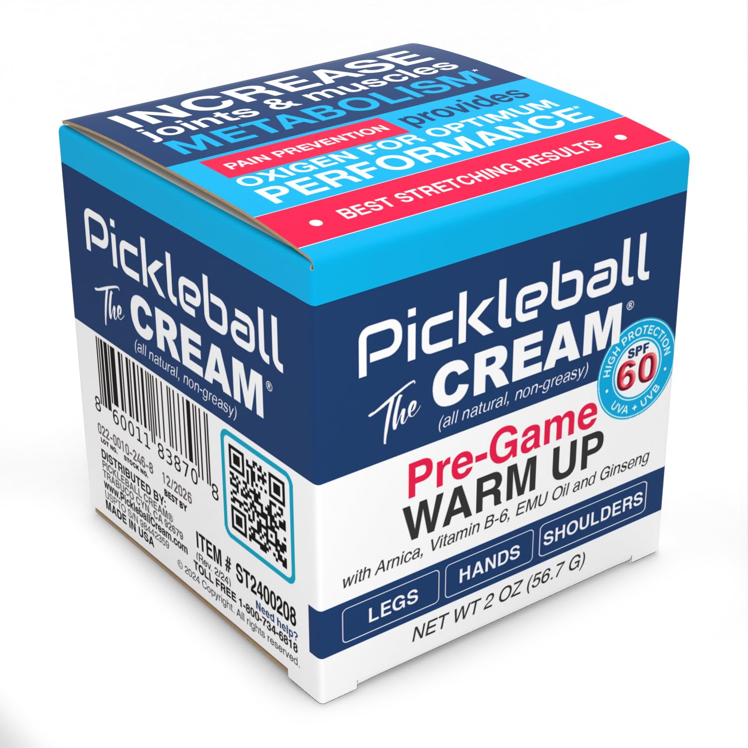 Pickleball Cream PRE-Game Warm UP SPF 60 Joint & Muscle Therapy Cream Grip Strength Pickleball Paddle Control Accurate Ball Shots Joints Muscles Metabolism Oxygen Pain Prevention Maximum Performance - dailyvitalstore