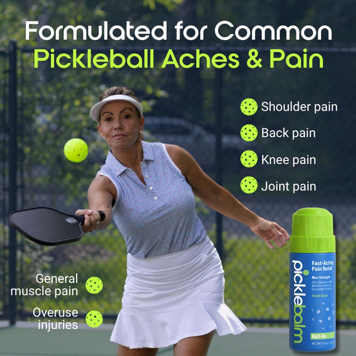 PickleBalm Pickleball In-Game Muscle Pain Relief Roll-On with 4% Lidocaine, Arnica, Menthol, Cucumber Seed Extract for Shoulders, Knees, Wrists, and More, 3.4oz Roll-On Applicator - dailyvitalstore