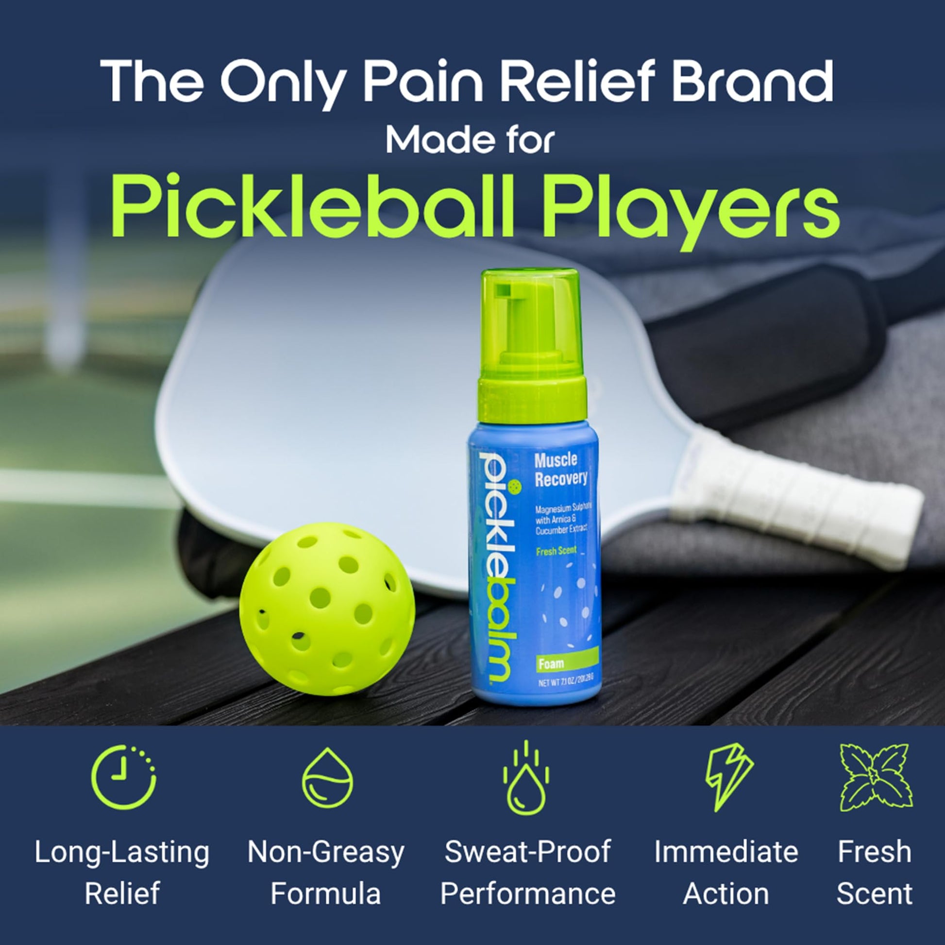 PickleBalm Pickleball Post-Game Foam Muscle Cramp Relief and Relaxer with Magnesium Sulphate, Arnica & Cucumber Extract for Pain and Leg Cramps, Sore Muscle Relief, 7.1oz Bottle - dailyvitalstore