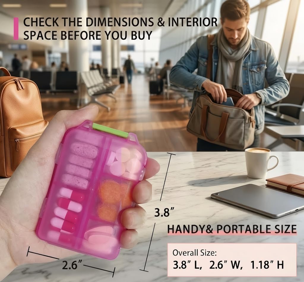 Pill Organizer with Medicine Labels Travel Daily Pill Container Mini Medication Organizer Storage Pill Organizer Travel Essentials Pill Case 7 Day (Pink & 161 Lables) - dailyvitalstore
