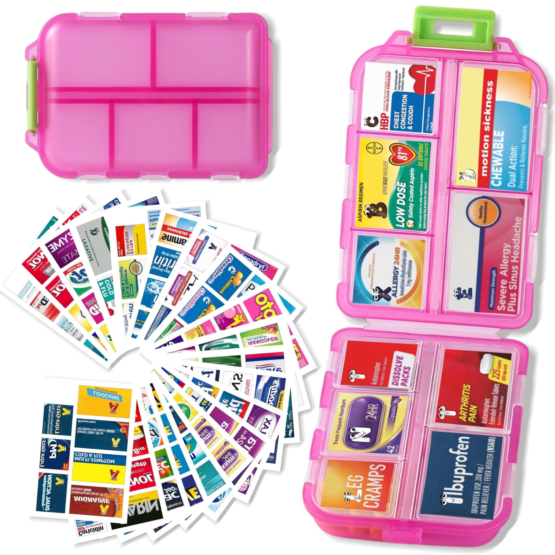 Pill Organizer with Medicine Labels Travel Daily Pill Container Mini Medication Organizer Storage Pill Organizer Travel Essentials Pill Case 7 Day (Pink & 161 Lables) - dailyvitalstore