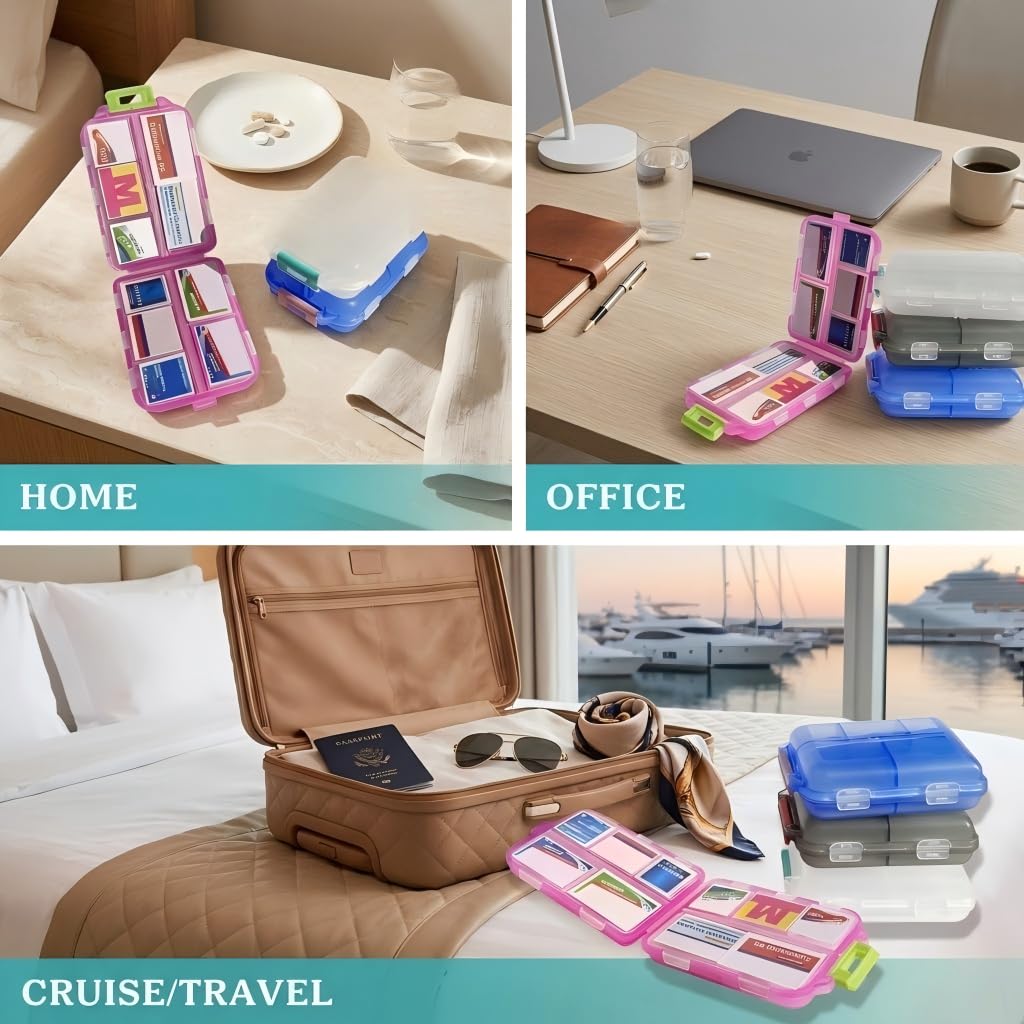 Pill Organizer with Medicine Labels Travel Daily Pill Container Mini Medication Organizer Storage Pill Organizer Travel Essentials Pill Case 7 Day (Pink & 161 Lables) - dailyvitalstore
