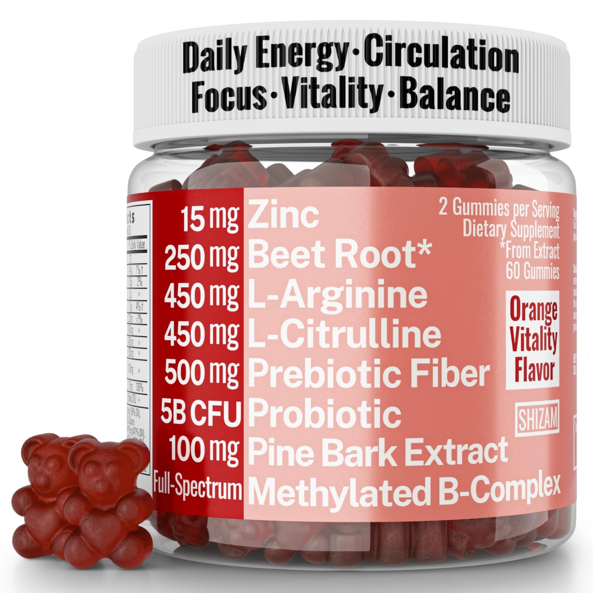 Pine Bark Extract L-Arginine L-Citrulline Beetroot Probiotic Fiber Methylated B Complex Zinc Gummies for Women Men Adults Kids w. Chicory Root Inulin 5-MTHF B6 P5P Powder Capsule Pill Supplement Alt - dailyvitalstore