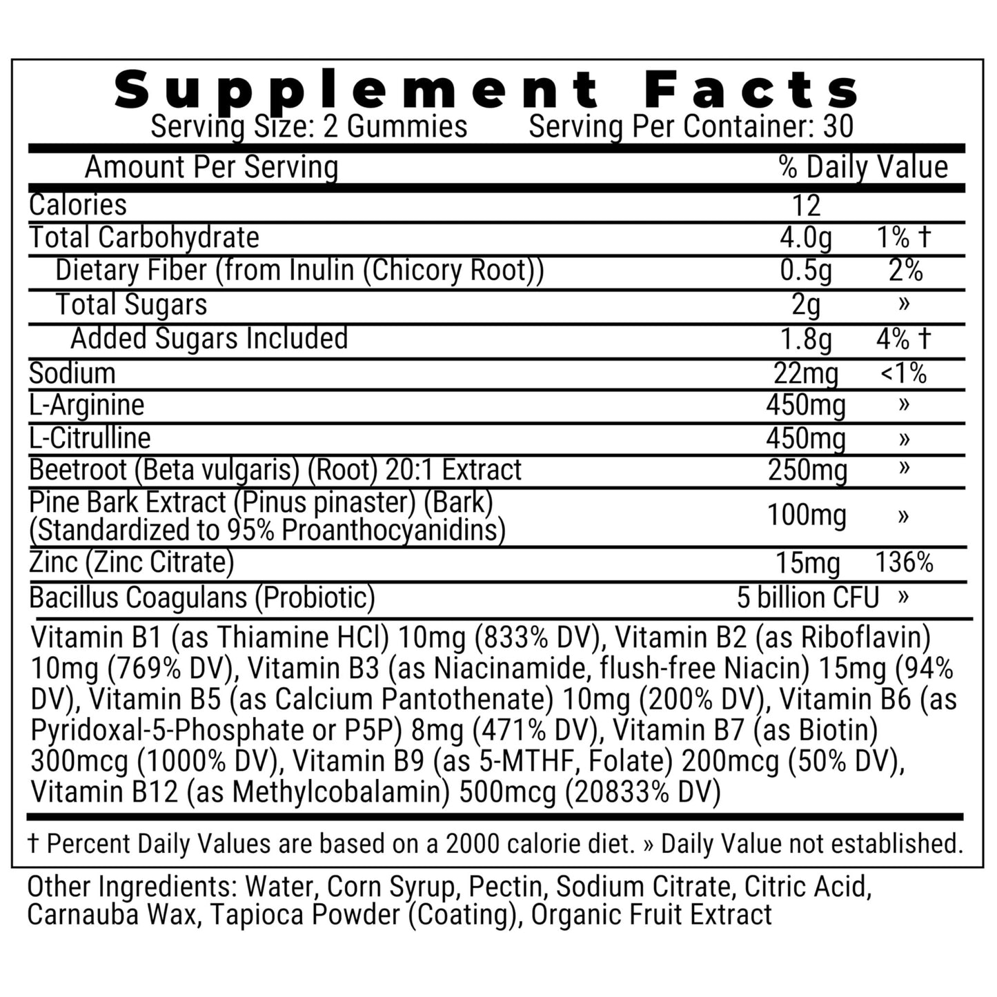 Pine Bark Extract L-Arginine L-Citrulline Beetroot Probiotic Fiber Methylated B Complex Zinc Gummies for Women Men Adults Kids w. Chicory Root Inulin 5-MTHF B6 P5P Powder Capsule Pill Supplement Alt - dailyvitalstore