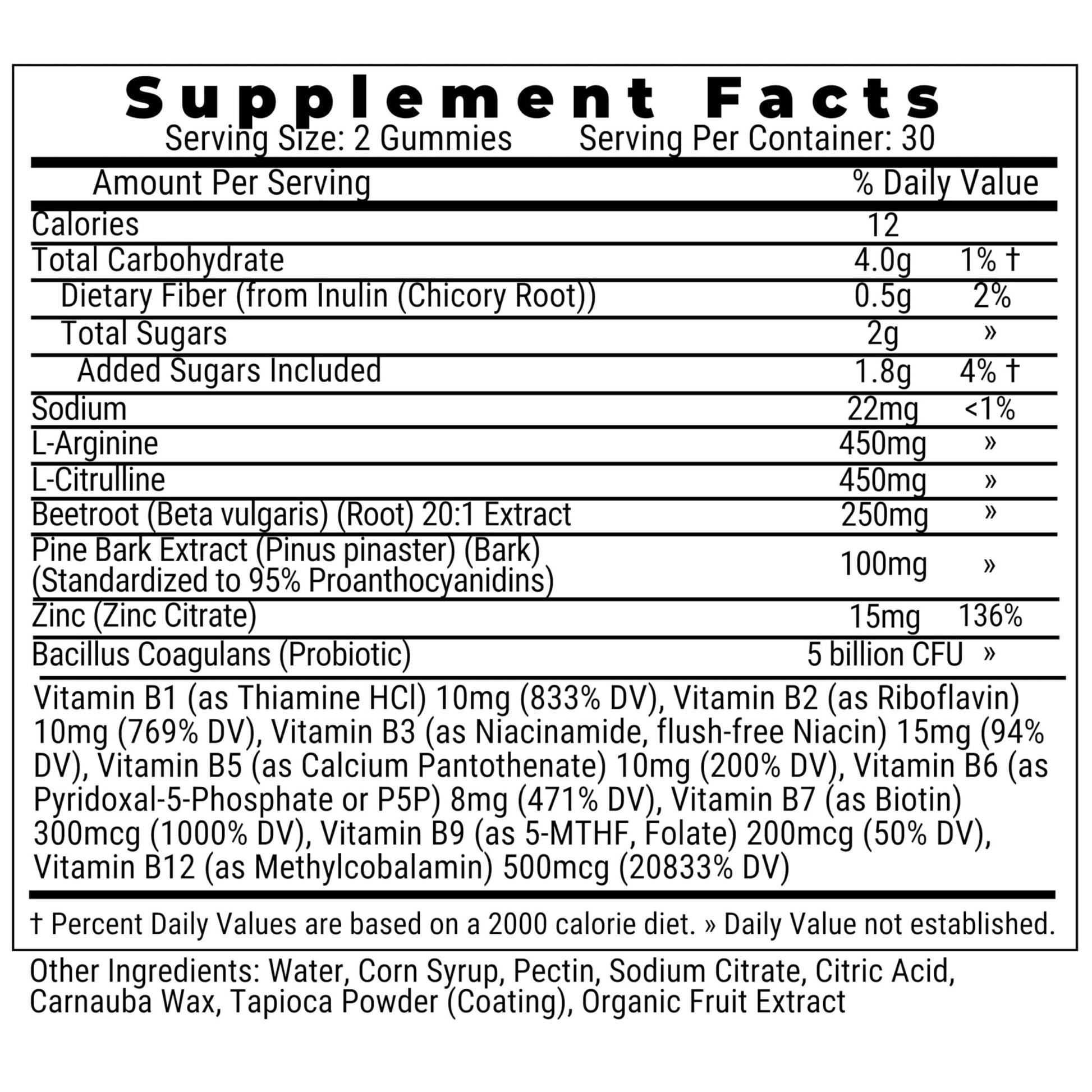 Pine Bark Extract L-Arginine L-Citrulline Beetroot Probiotic Fiber Methylated B Complex Zinc Gummies for Women Men Adults Kids w. Chicory Root Inulin 5-MTHF B6 P5P Powder Capsule Pill Supplement Alt - dailyvitalstore
