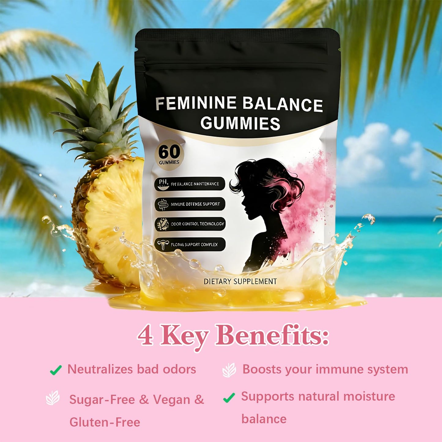 Pineapple Feminine Balance Gummies with Probiotics | Support for pH Balance & Freshness | Daily Intimate Wellness Support | Sugar-Free, Vegan | 60 Count (2) - dailyvitalstore