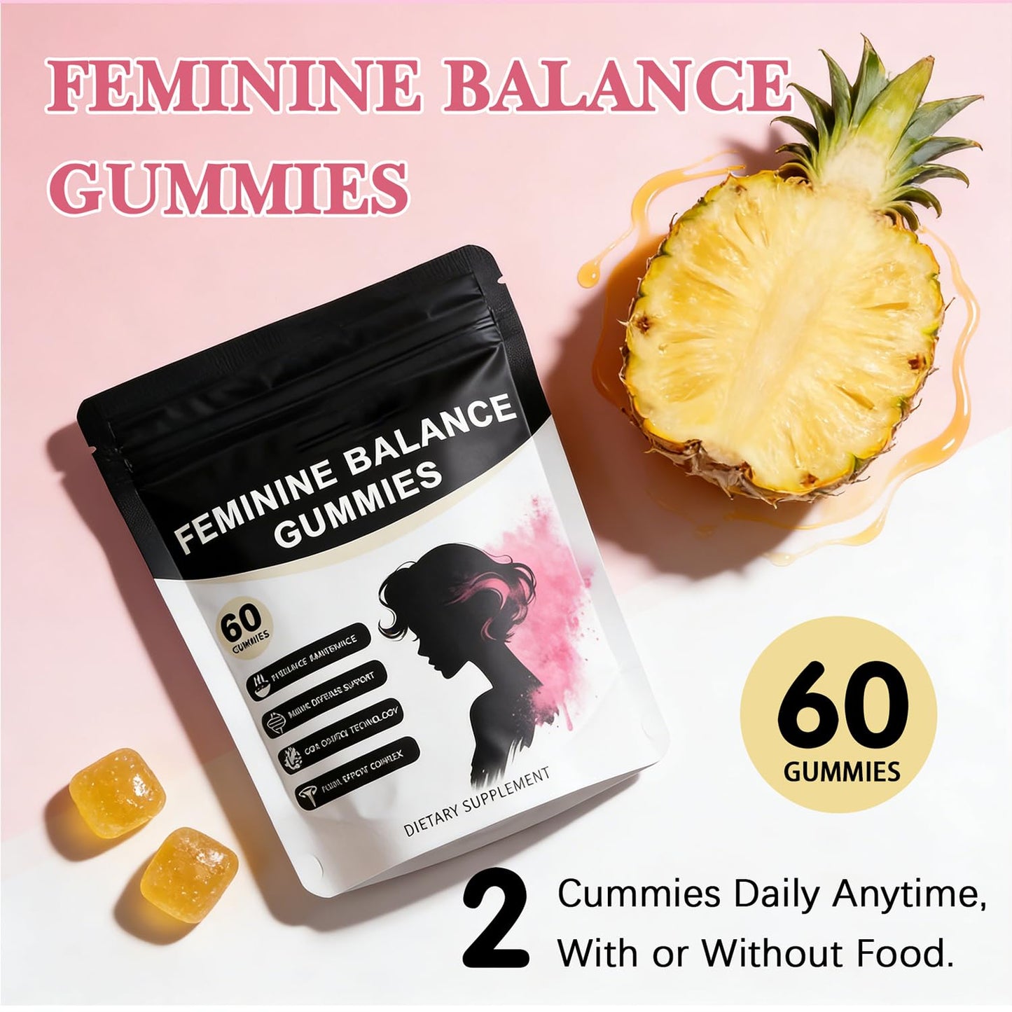 Pineapple Feminine Balance Gummies with Probiotics | Support for pH Balance & Freshness | Daily Intimate Wellness Support | Sugar-Free, Vegan | 60 Count (2) - dailyvitalstore