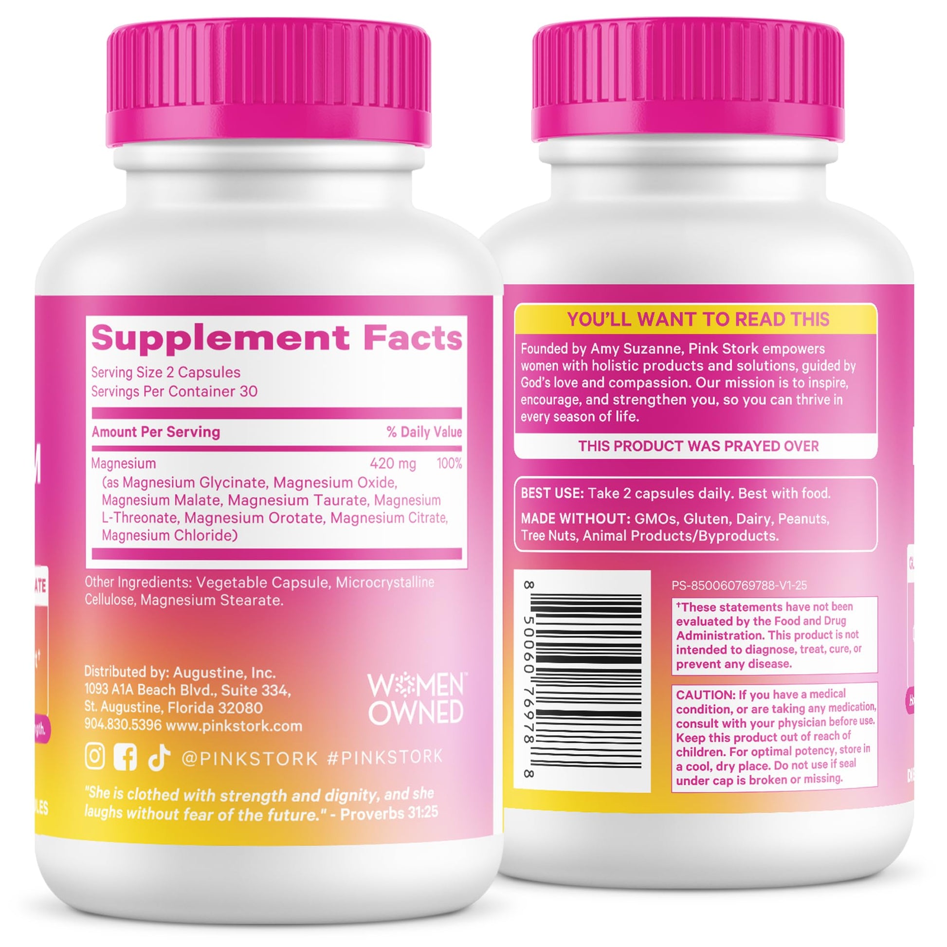 Pink Stork Magnesium Complex for Women - 8 Forms Including Glycinate, Malate, Citrate & L-Threonate - Stress, Sleep, Muscle & Hormone Support - 400 mg Elemental Magnesium - 60 Vegan Capsules - dailyvitalstore