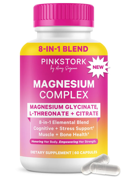 Pink Stork Magnesium Complex for Women - 8 Forms Including Glycinate, Malate, Citrate & L-Threonate - Stress, Sleep, Muscle & Hormone Support - 400 mg Elemental Magnesium - 60 Vegan Capsules - dailyvitalstore