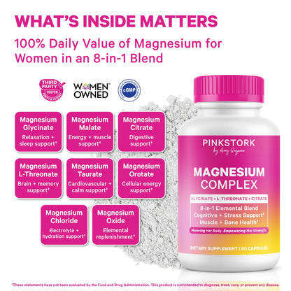 Pink Stork Magnesium Complex for Women - 8 Forms Including Glycinate, Malate, Citrate & L-Threonate - Stress, Sleep, Muscle & Hormone Support - 400 mg Elemental Magnesium - 60 Vegan Capsules - dailyvitalstore