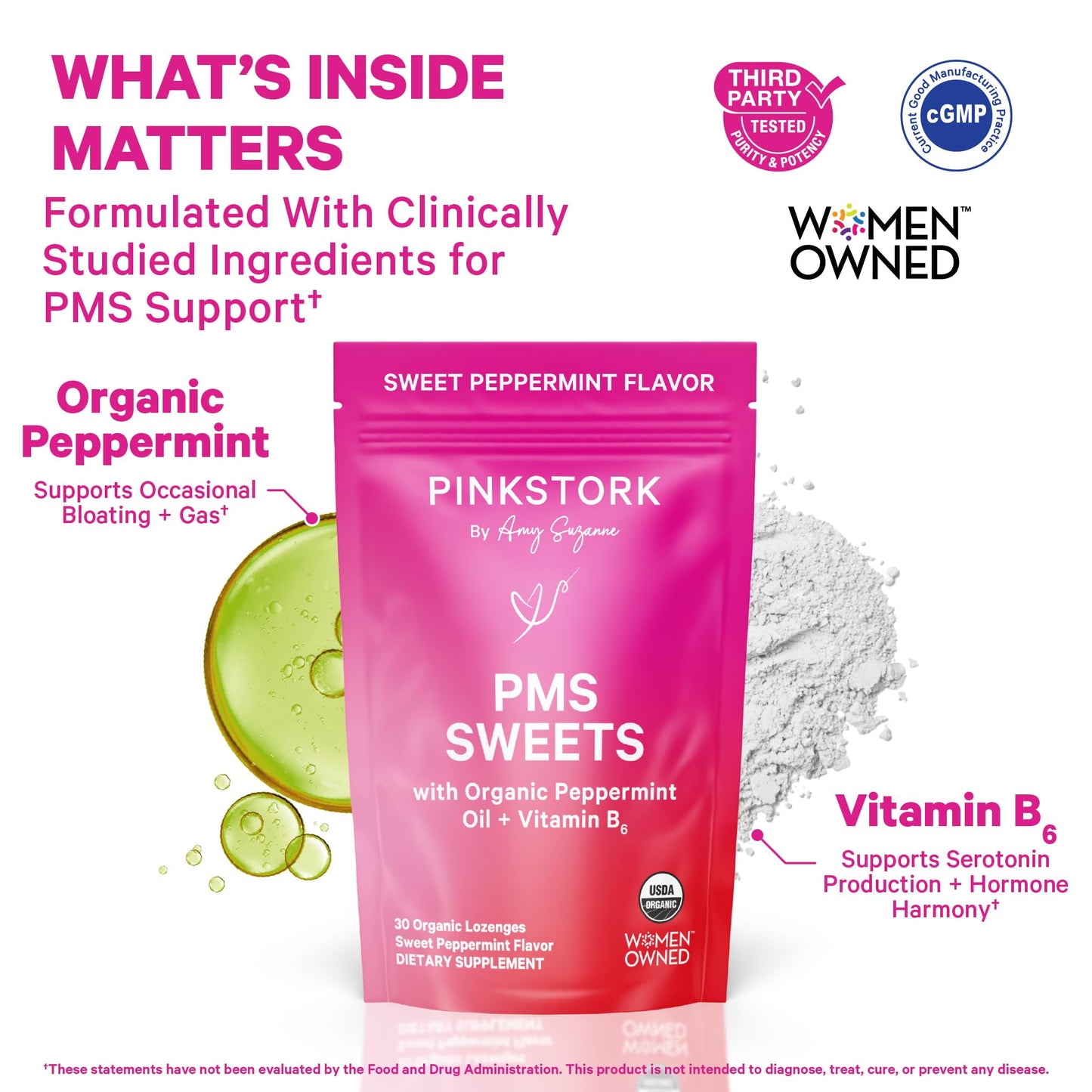 Pink Stork Organic PMS Support Sweets for Teens and Women - Simple & Natural Ingredients Vitamin B6 and Peppermint - Period, Digestion, Bloating, Mood Swings - 30 Drops - dailyvitalstore