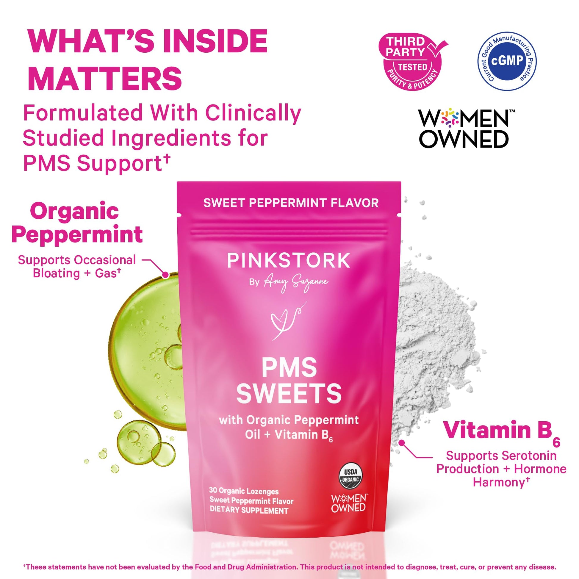 Pink Stork Organic PMS Support Sweets for Teens and Women - Simple & Natural Ingredients Vitamin B6 and Peppermint - Period, Digestion, Bloating, Mood Swings - 30 Drops - dailyvitalstore