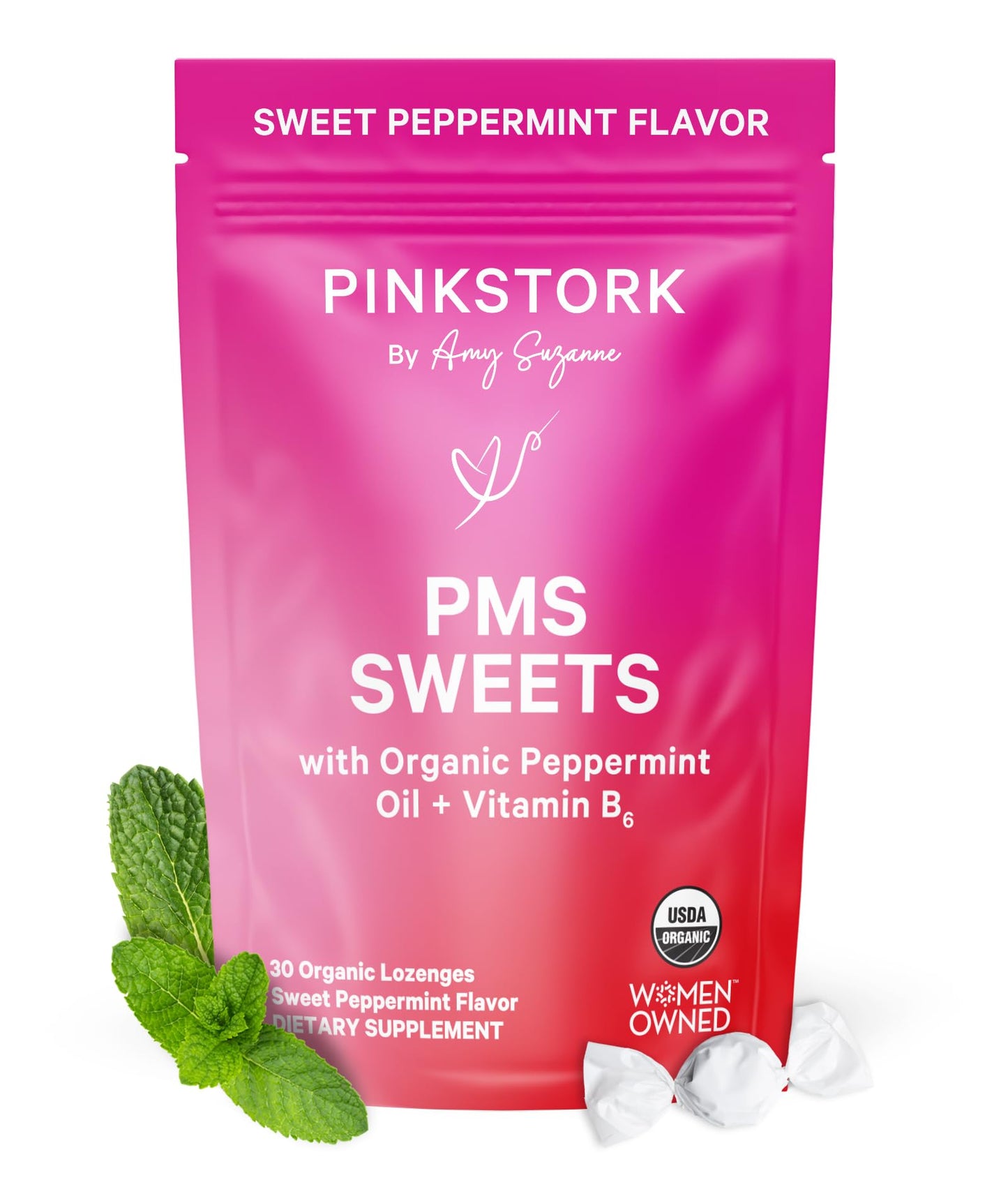 Pink Stork Organic PMS Support Sweets for Teens and Women - Simple & Natural Ingredients Vitamin B6 and Peppermint - Period, Digestion, Bloating, Mood Swings - 30 Drops - dailyvitalstore
