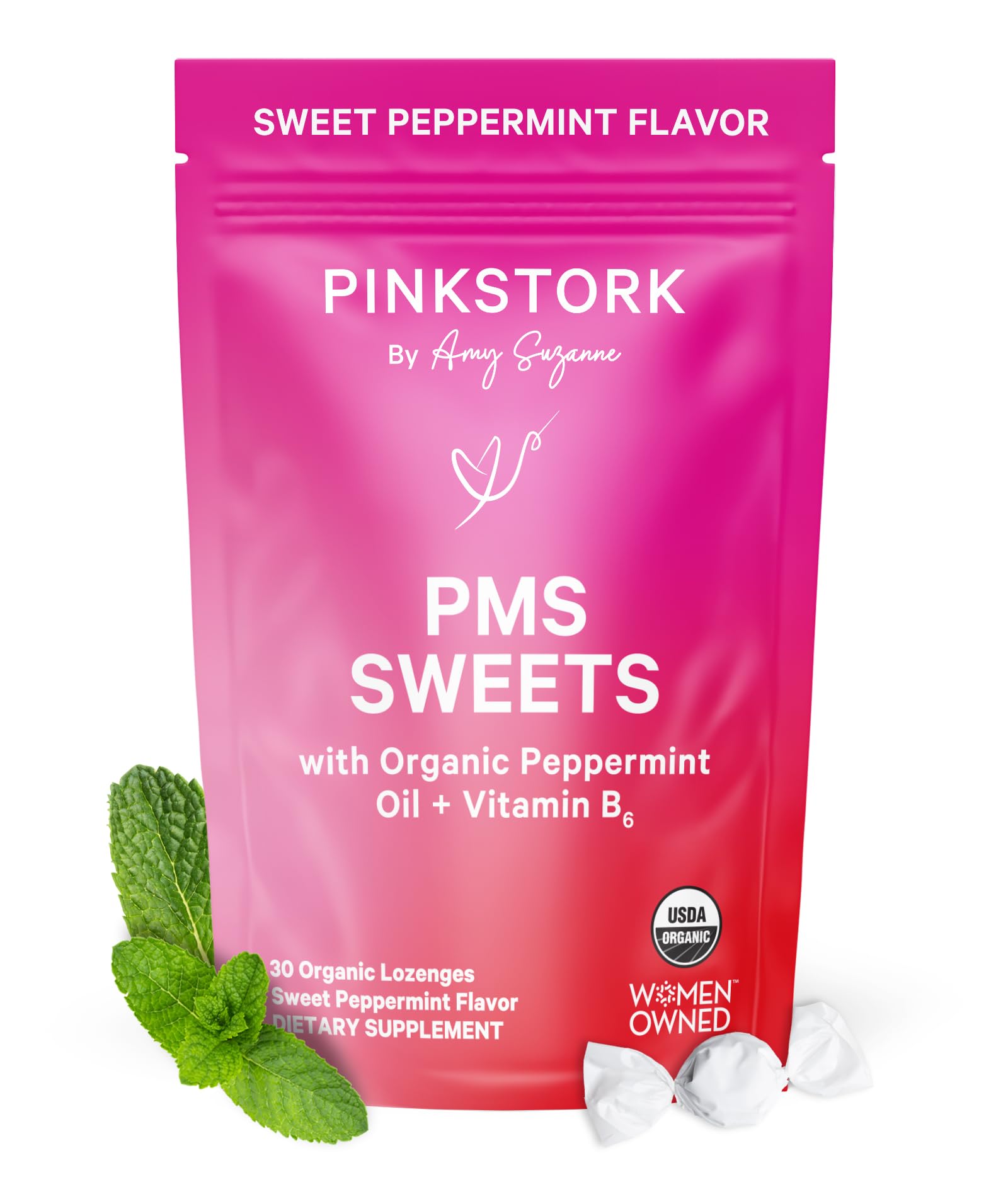 Pink Stork Organic PMS Support Sweets for Teens and Women - Simple & Natural Ingredients Vitamin B6 and Peppermint - Period, Digestion, Bloating, Mood Swings - 30 Drops - dailyvitalstore