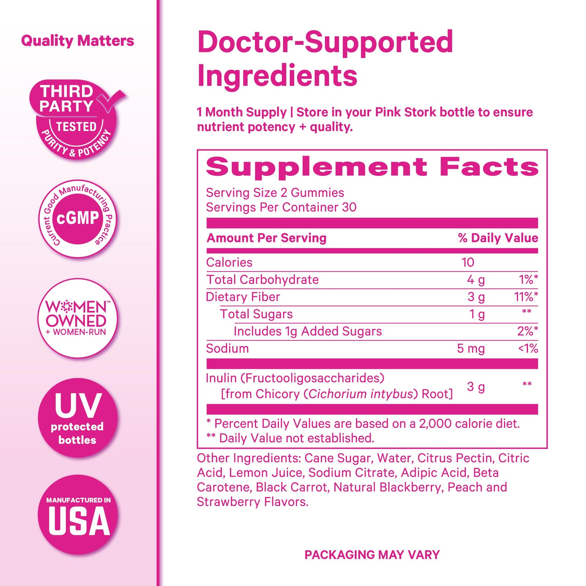 Pink Stork Prenatal Fiber Gummies for Women - 3g Prebiotic Inulin from Chicory Root - Natural Pregnancy & Postpartum Stool Softeners - dailyvitalstore
