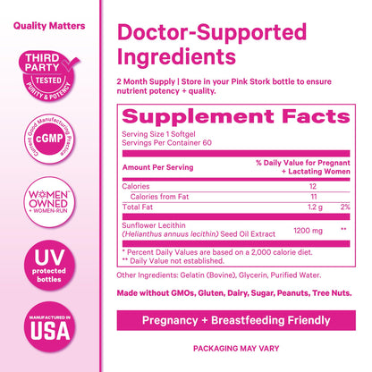 Pink Stork Sunflower Lecithin Supplement - 1200 mg for Clogged Milk Ducts - Breastfeeding Essentials for Postpartum Moms - dailyvitalstore