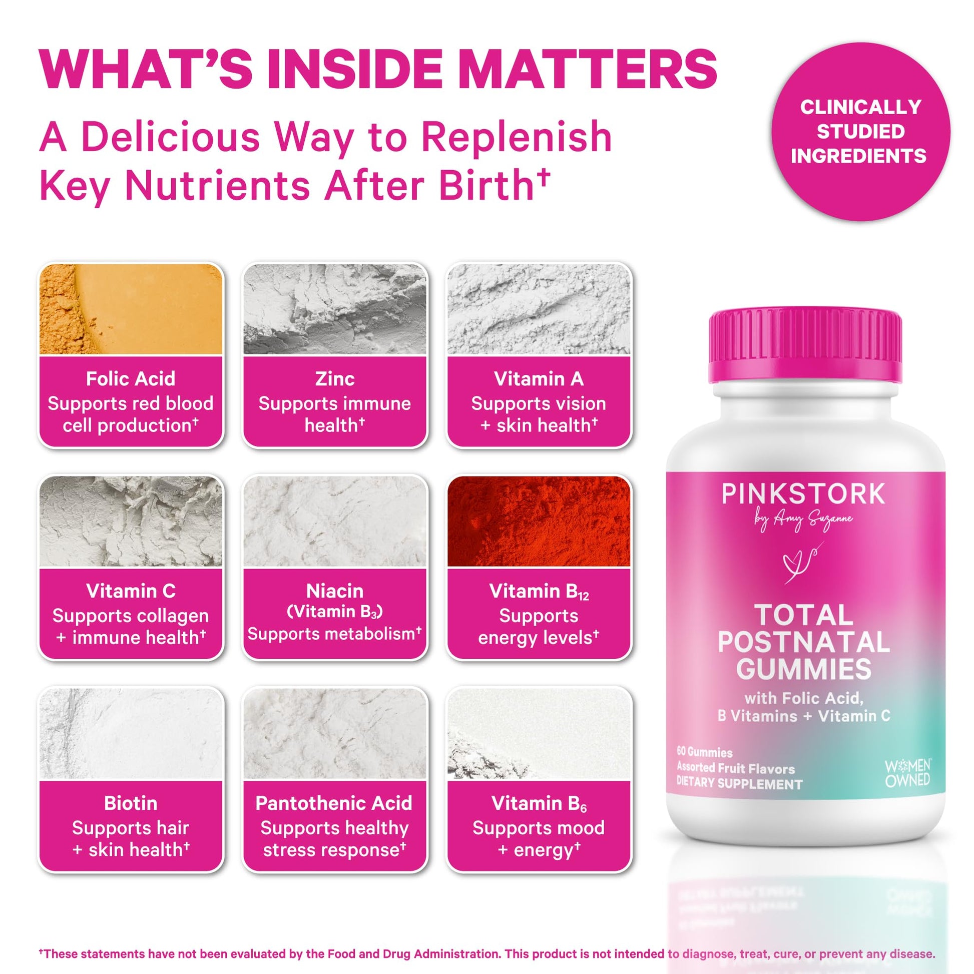 Pink Stork Total Postnatal Vitamin Gummies - Multivitamin for Postpartum Recovery and Lactation Support - Folic Acid, B6, and Vitamin C - dailyvitalstore