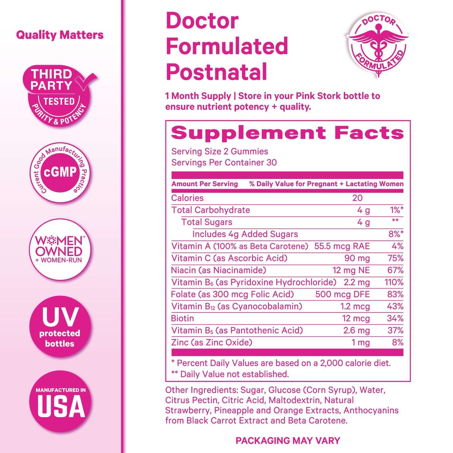 Pink Stork Total Postnatal Vitamin Gummies - Multivitamin for Postpartum Recovery and Lactation Support - Folic Acid, B6, and Vitamin C - dailyvitalstore