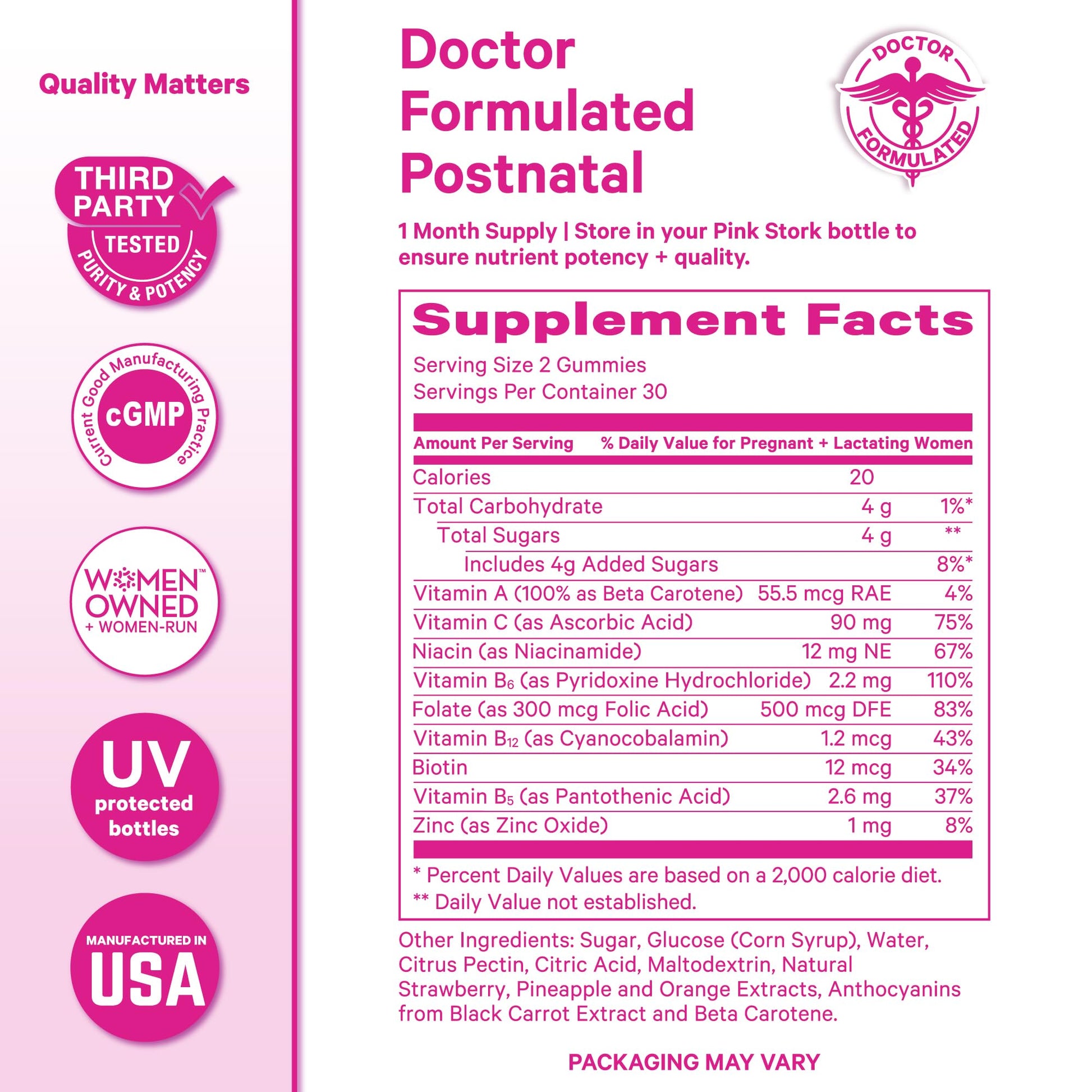 Pink Stork Total Postnatal Vitamin Gummies - Multivitamin for Postpartum Recovery and Lactation Support - Folic Acid, B6, and Vitamin C - dailyvitalstore