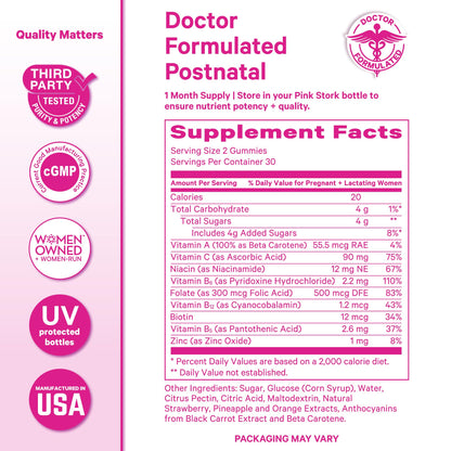 Pink Stork Total Postnatal Vitamin Gummies - Multivitamin for Postpartum Recovery and Lactation Support - Folic Acid, B6, and Vitamin C - dailyvitalstore