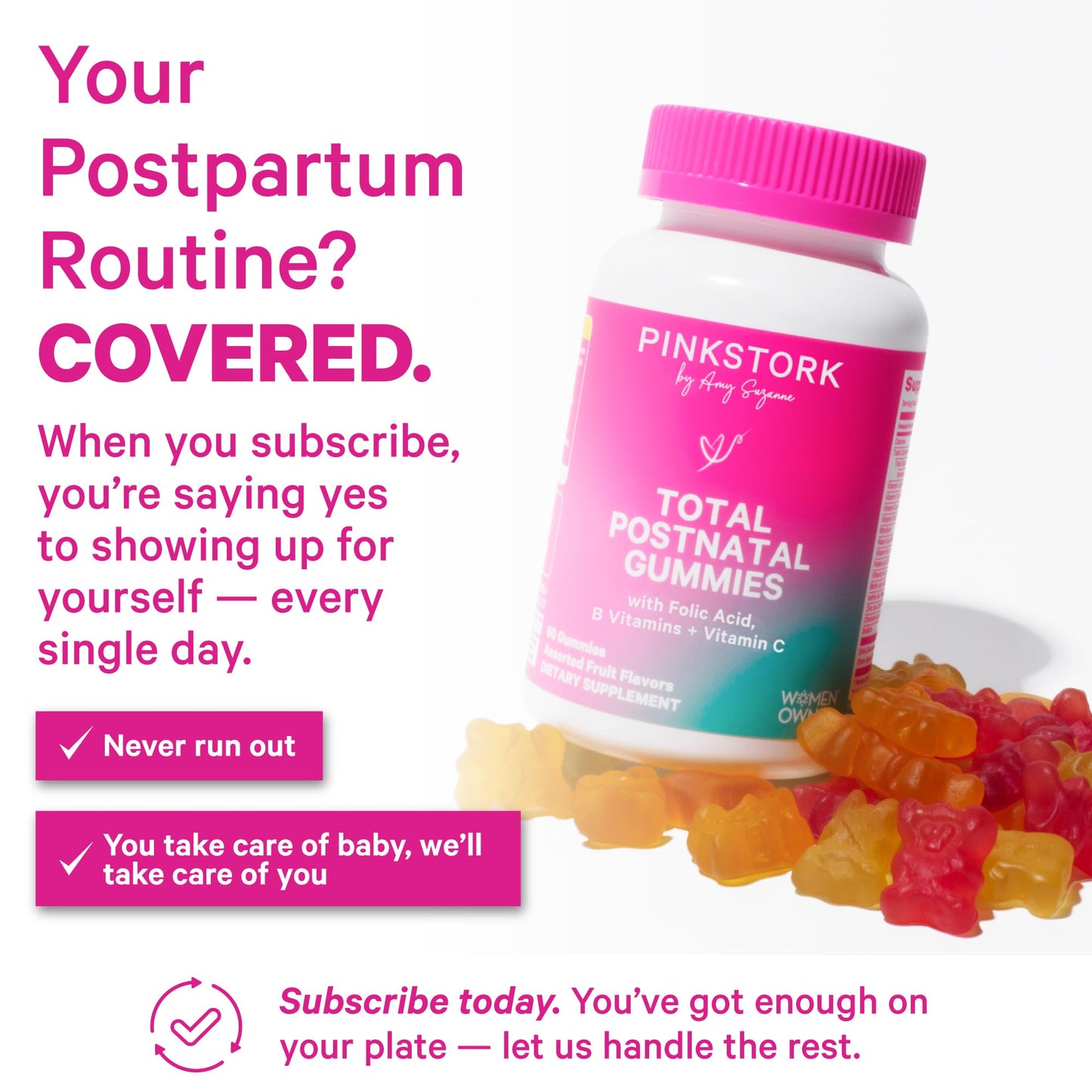 Pink Stork Total Postnatal Vitamin Gummies - Multivitamin for Postpartum Recovery and Lactation Support - Folic Acid, B6, and Vitamin C - dailyvitalstore