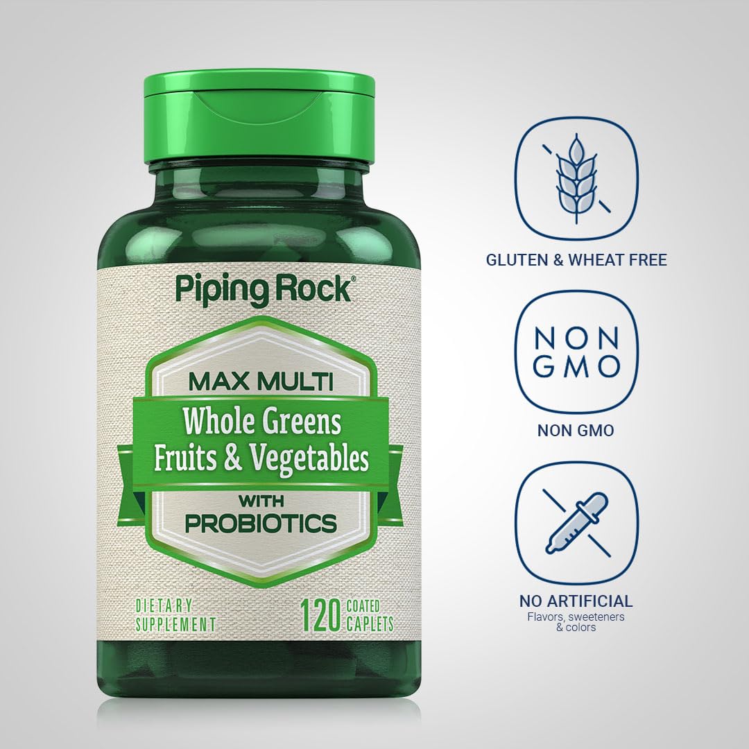 Piping Rock Fruits and Veggies Supplement | 120 Caplets | Fruit and Vegetable Blend with Probiotics | Max Multi Vitamin | Non-GMO, Gluten Free - dailyvitalstore
