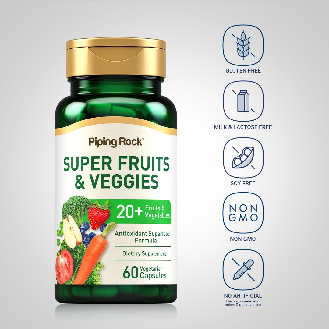 Piping Rock Fruits and Veggies Supplement | 60 Capsules | Superfood Fruit and Vegetables Vitamins | with Prebiotic Blend | Vegetarian Formula | Non-GMO, Gluten Free - dailyvitalstore