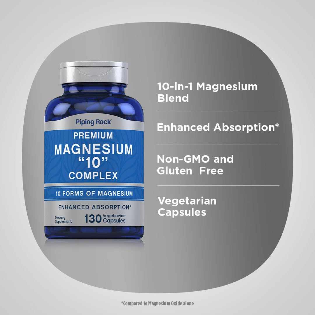 Piping Rock Magnesium 10 in One Complex | 130 Capsules | Supplement for Men and Women | Vegetarian, Non-GMO, Gluten Free - dailyvitalstore