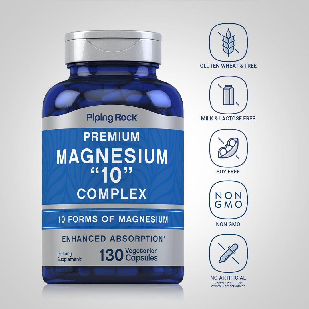 Piping Rock Magnesium 10 in One Complex | 130 Capsules | Supplement for Men and Women | Vegetarian, Non-GMO, Gluten Free - dailyvitalstore