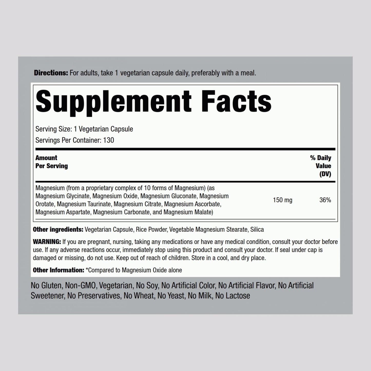 Piping Rock Magnesium 10 in One Complex | 130 Capsules | Supplement for Men and Women | Vegetarian, Non-GMO, Gluten Free - dailyvitalstore